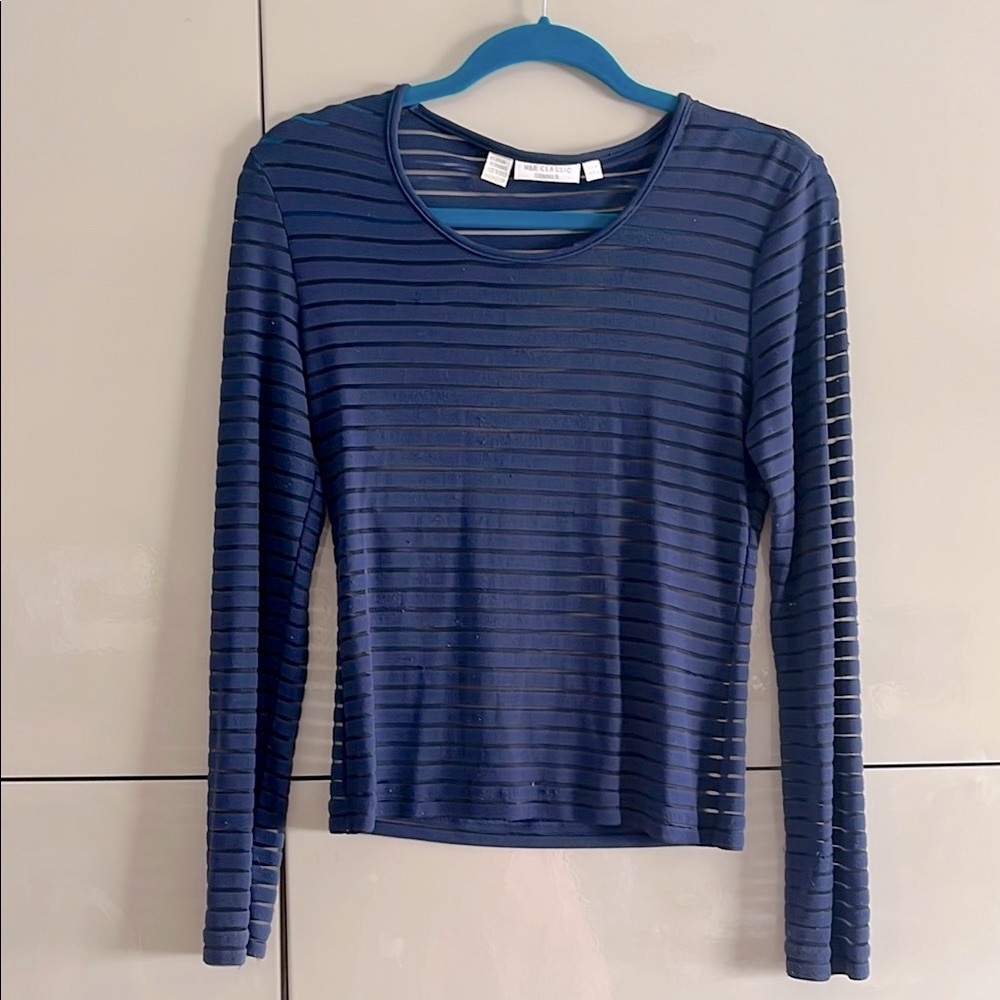 Blue Long Sleeve Fitted Ribbed Blouse